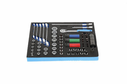 TS CT2-D30 - Juego de puntas, vasos y accesorios de 3/8" y 1/2" en módulo de espuma Check-Tool de doble cuerpo, 59 piezas - Ferrotecnia