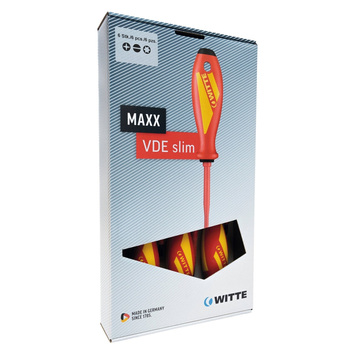Witte 653773 - Juego de 6 destornilladores aislados con varilla reducida MAXX VDE Slim (PL + PH) - Ferrotecnia