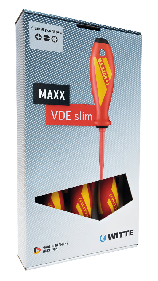 Witte 653773 - Juego de 6 destornilladores aislados con varilla reducida MAXX VDE Slim (PL + PH)