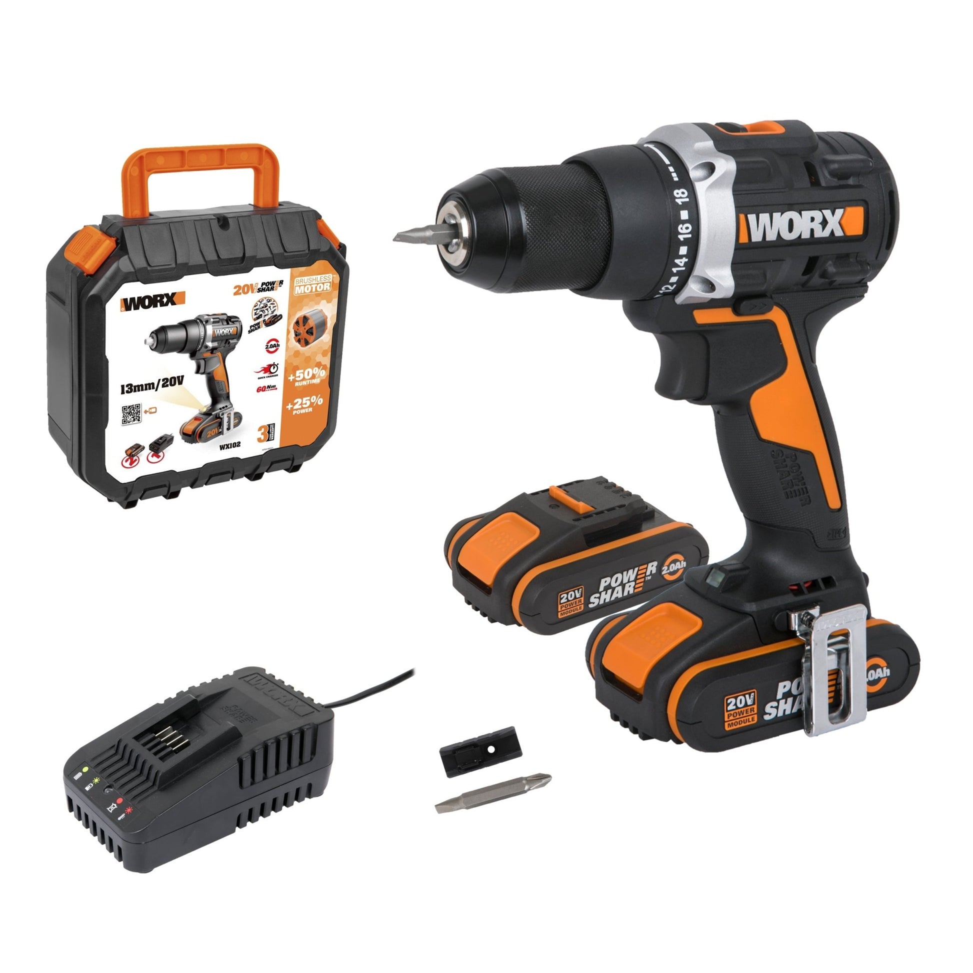 Worx WX102 - Taladro atornillador BL (2bat 2.0Ah) - Ferrotecnia