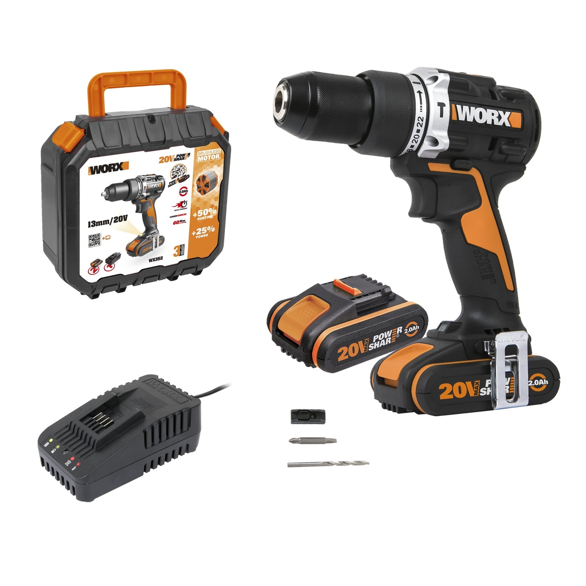 Worx WX352 - Taladro Percutor Brushless 20V 2.0Ah 2 Bat - Ferrotecnia