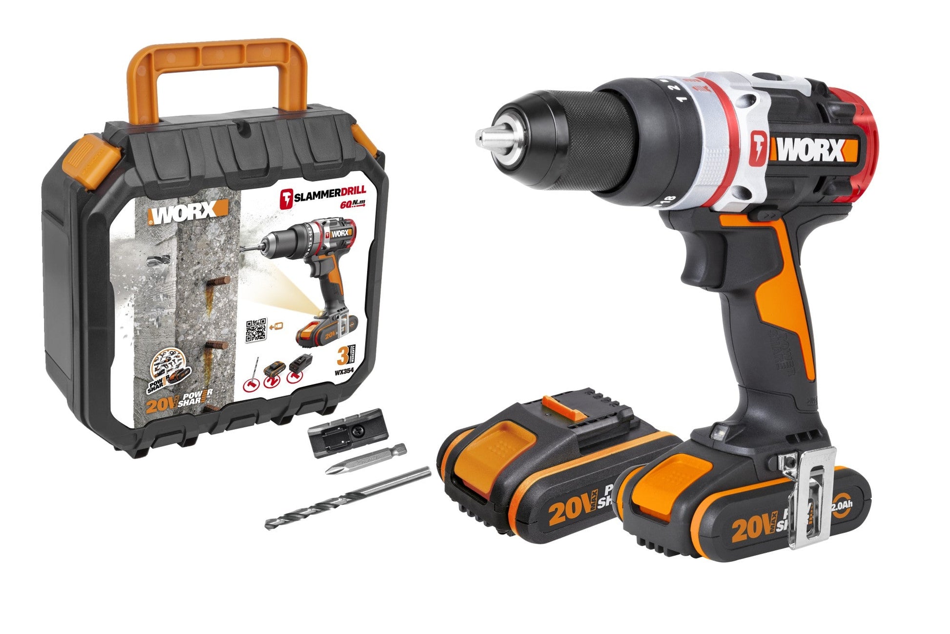 Worx WX354 - Taladro percutor Brushless Slammer Drill 20V 2.0Ah (2 bat) - Ferrotecnia