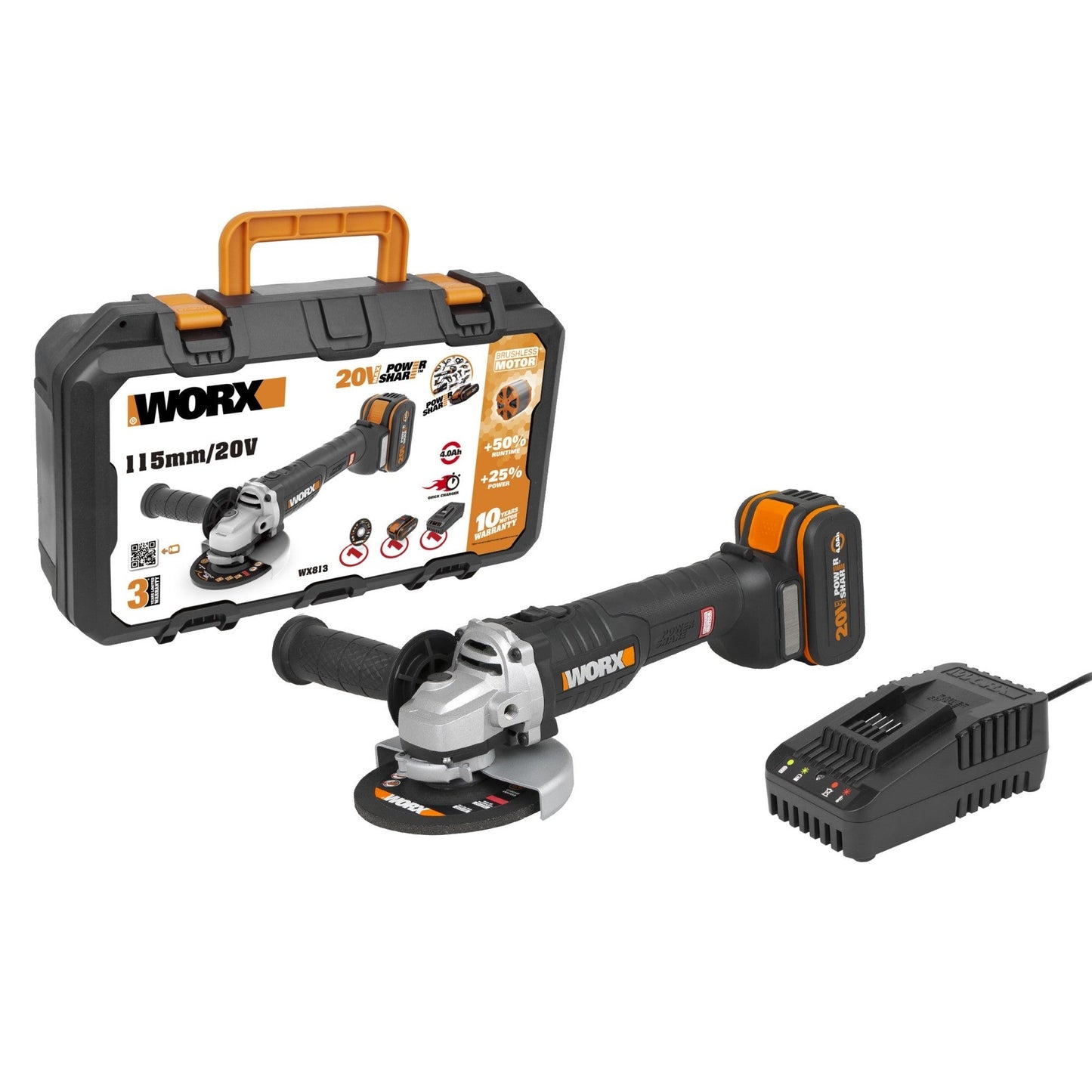 Worx WX813 - Meuleuse sans balais 115 mm 20 V 2 Ah 2 batteries