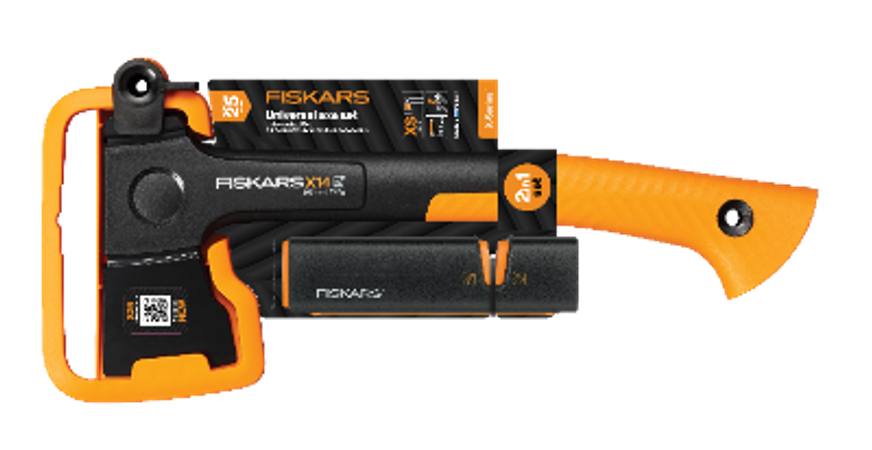 Fiskars X14 Juego de Hacha y afilador de hachas y Cuchillos