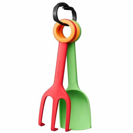Fiskars Pala para flores para niños y horquilla para plantar para niños, Juego 2 en 1, Longitud: 24 cm, Plástico reforzado con fibra de vidrio, Verde/naranja y rojo/naranja, MyFirst Fiskars, 1062471