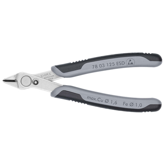 Knipex 78 03 125 ESD - Stainless steel pliers. SuperKnips 125 mm electronic cutting tool with two-component handles. Bevelless edges. Electrostatic discharge
