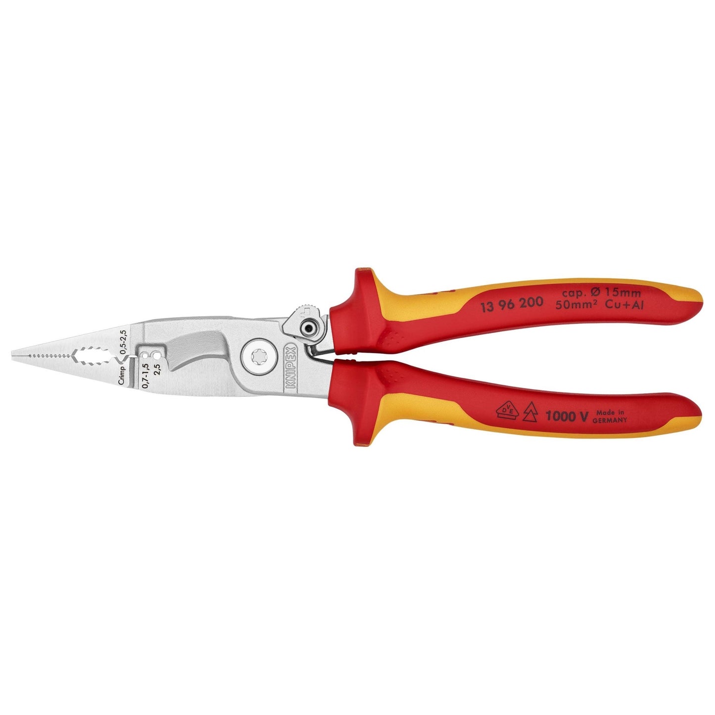 Knipex 13 96 200 - Alicate para instaladores aislado VDE Knipex 200 mm. con mangos bicomponentes y muelle de apertura automática - Ferrotecnia