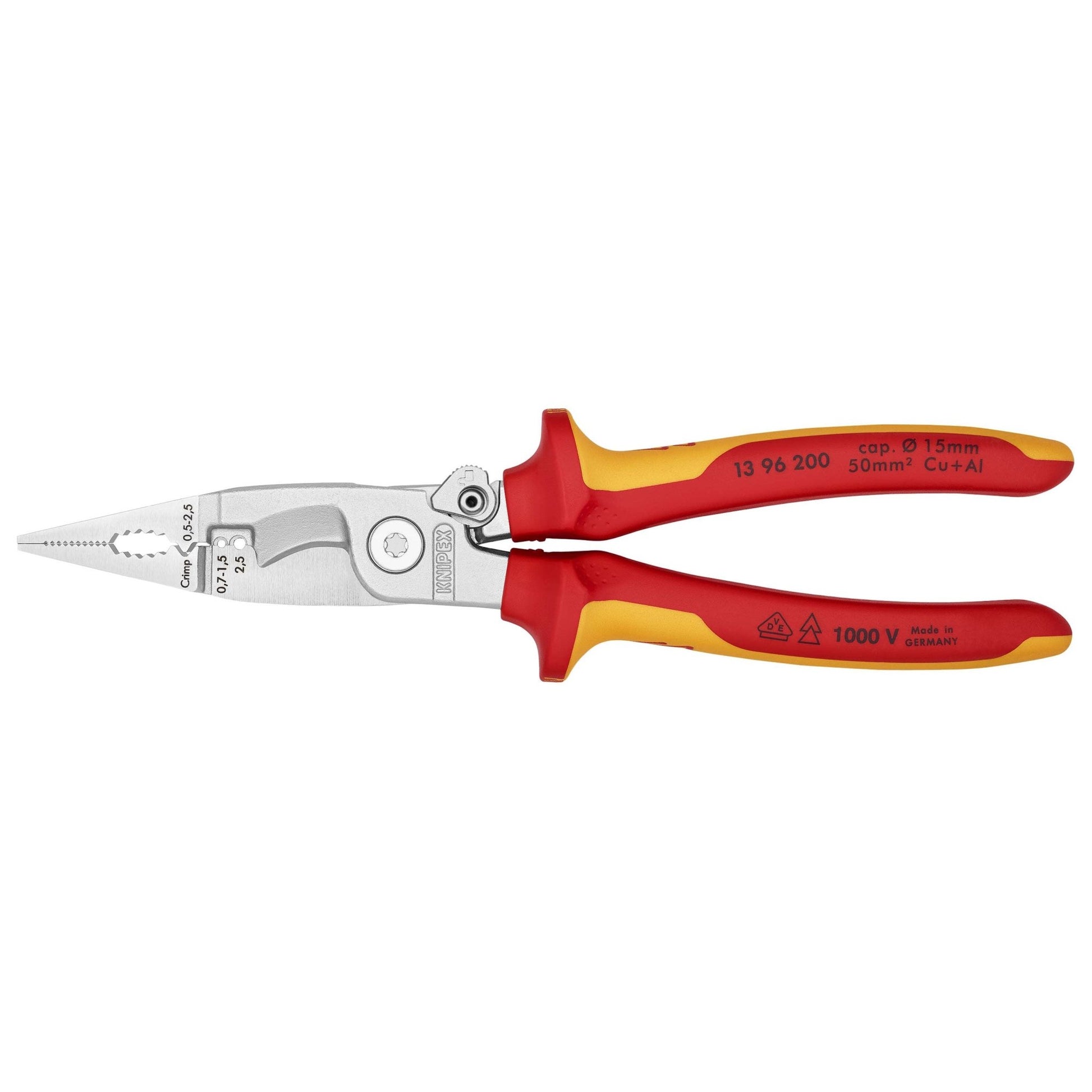 Knipex 13 96 200 - Alicate para instaladores aislado VDE Knipex 200 mm. con mangos bicomponentes y muelle de apertura automática - Ferrotecnia
