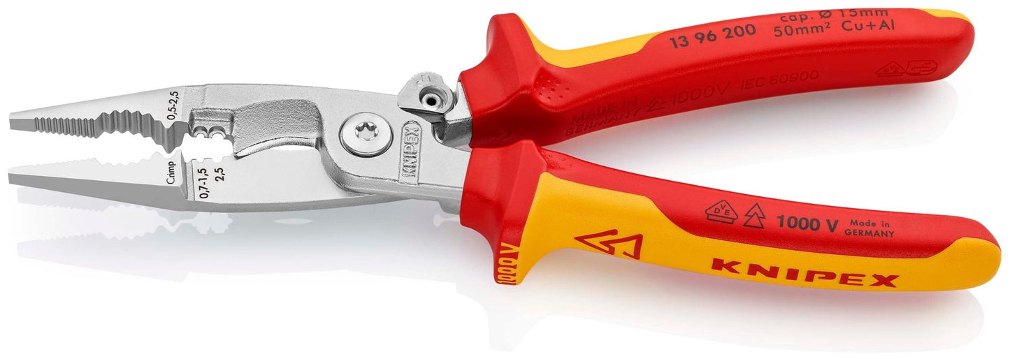 Knipex 13 96 200 - Alicate para instaladores aislado VDE Knipex 200 mm. con mangos bicomponentes y muelle de apertura automática - Ferrotecnia