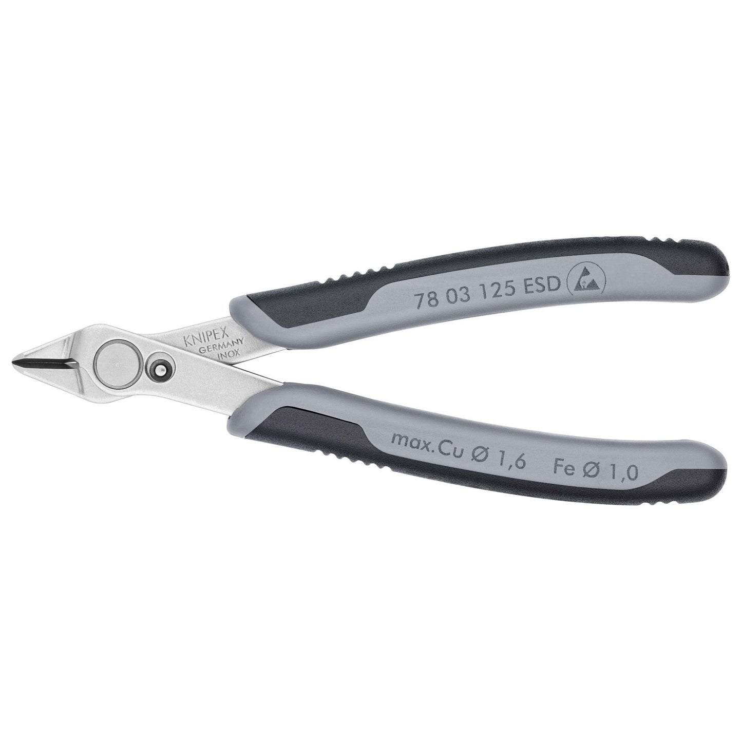 Knipex 78 03 125 ESD - Alicate inox. de corte para electrónica SuperKnips 125 mm con mangos bicomponentes. Filos sin bisel. Descarga electrostática - Ferrotecnia