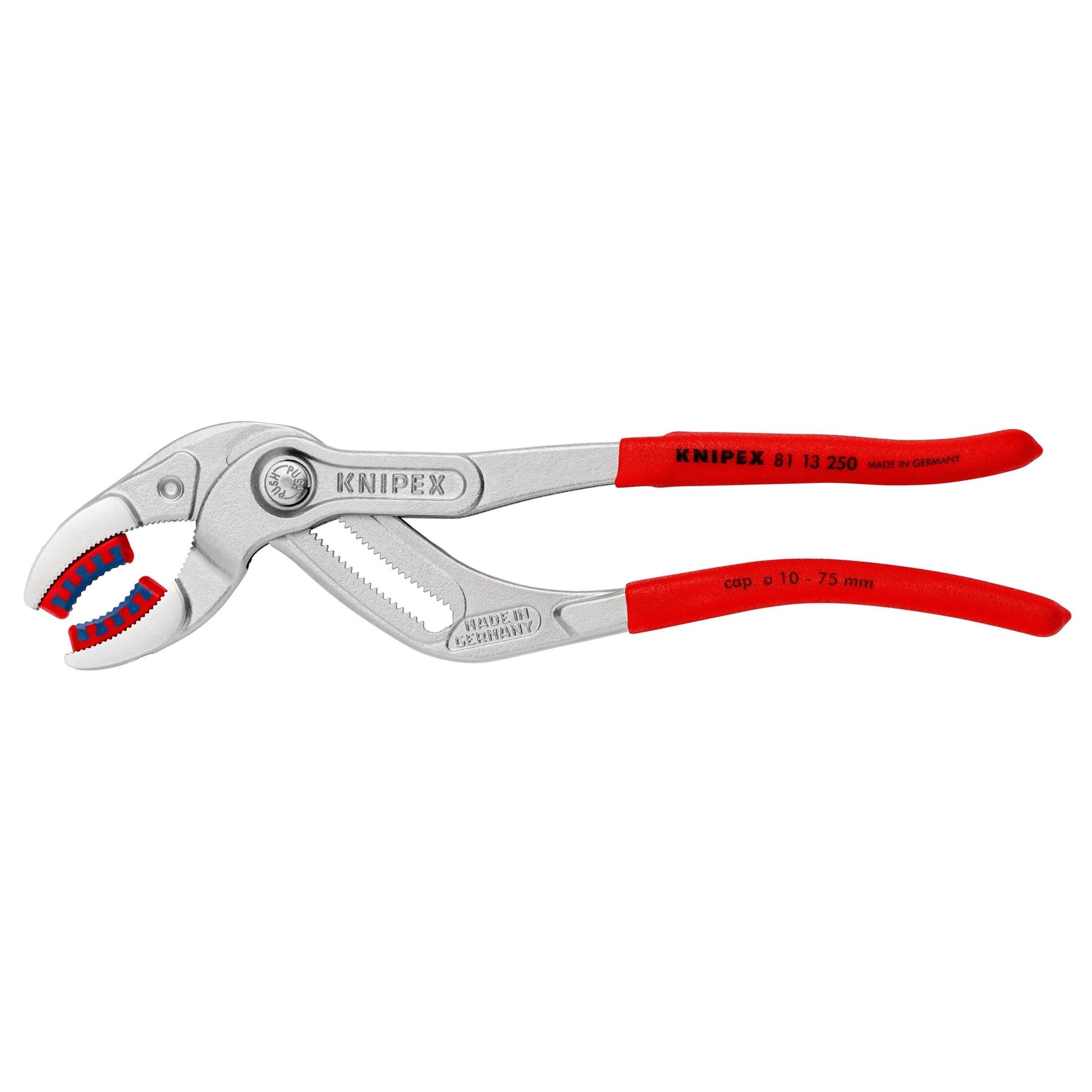 Knipex 81 13 250 - Tenaza cromada para tuberías y racores Knipex 250 mm. con mangos PVC y mordazas con protector plástico - Ferrotecnia