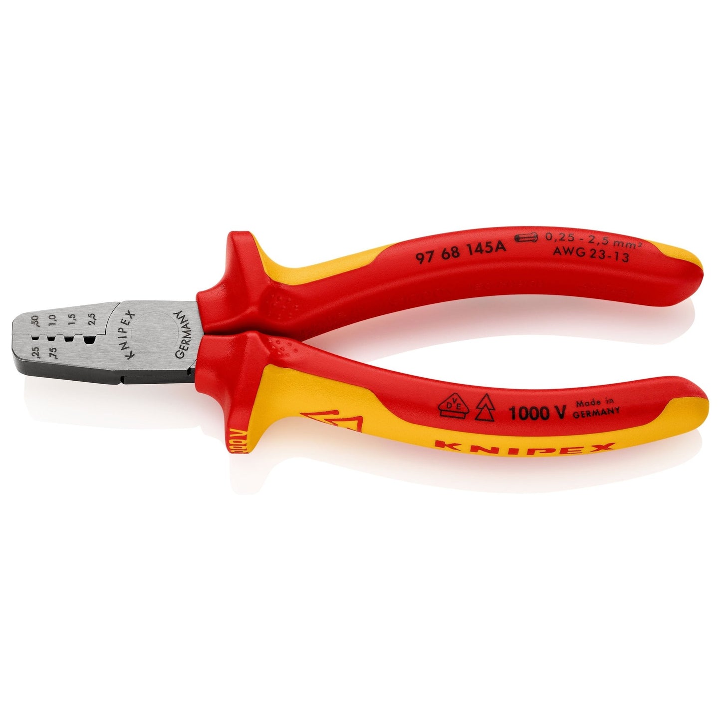 Knipex 97 68 145 A - Alicate para entallar punteras aislado VDE Knipex 145 mm. con mangos bicomponentes - Ferrotecnia