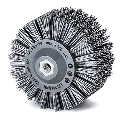 LessMann 402890 - Wheel brushes plastic body PP grey dia 140 mm 18 x 13 rows abrasive nylon SIC K 80 / 1,20 mm high 30 mm thread M 14 RPM 2500 body dia 80 x 90 mm "LESSMANN" - Ferrotecnia