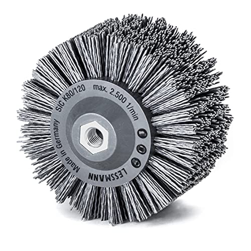 LessMann 402890 - Wheel brushes plastic body PP grey dia 140 mm 18 x 13 rows abrasive nylon SIC K 80 / 1,20 mm high 30 mm thread M 14 RPM 2500 body dia 80 x 90 mm "LESSMANN" - Ferrotecnia