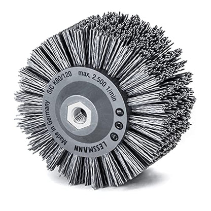 LessMann 402890 - Wheel brushes plastic body PP grey dia 140 mm 18 x 13 rows abrasive nylon SIC K 80 / 1,20 mm high 30 mm thread M 14 RPM 2500 body dia 80 x 90 mm "LESSMANN" - Ferrotecnia