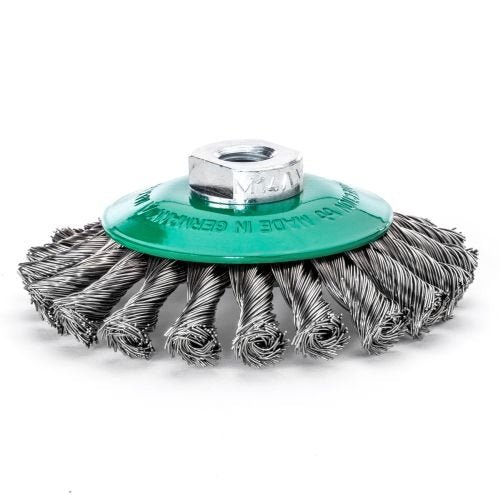 LessMann 471857 - Cepillo cónico LessMann 100x12 mm./M14x2,0 mm. alambre de acero inoxidable trenzado ROH 0,50 - Ferrotecnia