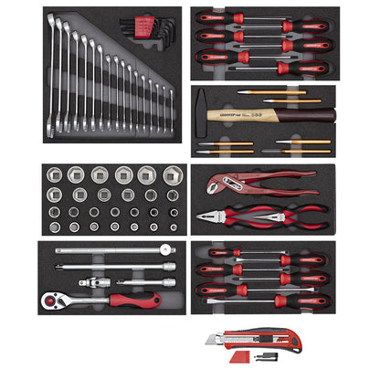 GEDORE red R21010000 - Juego de herramientas en 8 módulos de plástico + cúter, 82 piezas (3301655)